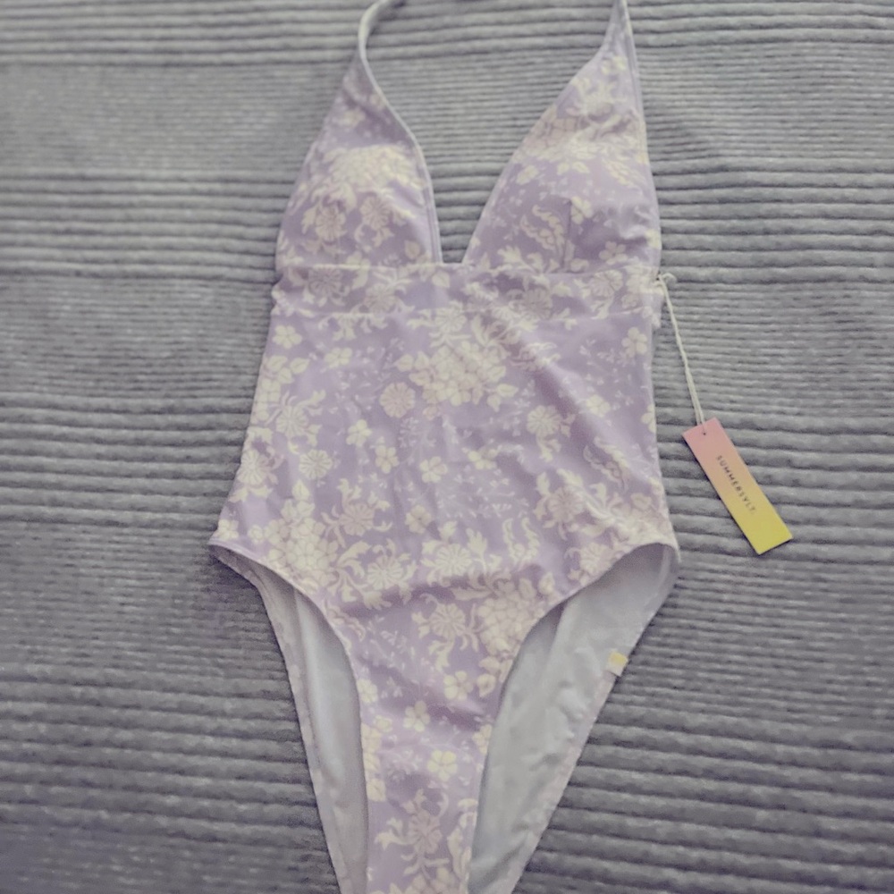 Purple floral one piece bathing suit